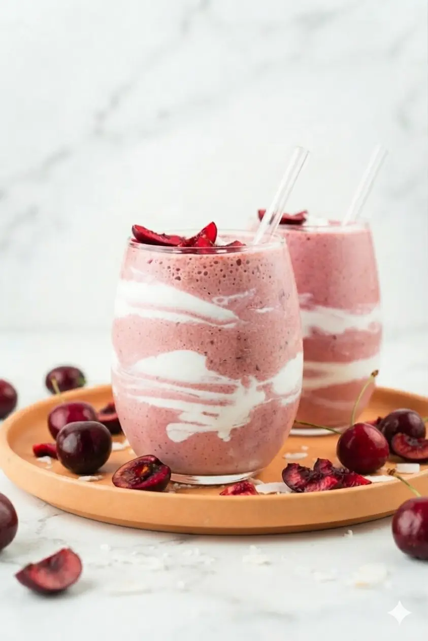 A close-up 3:4 action shot of the blending process. The blender jar is filled with a swirling pink and purple mixture of cherries and cottage cheese. No hands are visible. The background shows a clean kitchen with a hint of fresh herbs in a pot near a window.