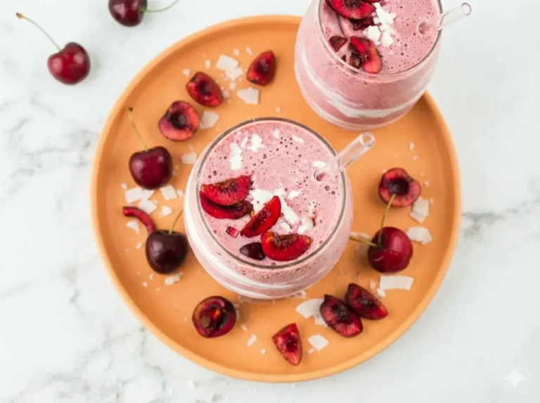 A hero shot of a Cherry Cottage Cheese Smoothie in a stemless glass. The smoothie is a vibrant magenta pink with thick white yogurt swirls visible through the glass. Topped with three dark red cherry slices and a sprinkle of white shredded coconut. A clear glass straw is inserted. Set on a white marble countertop with soft morning light from the side. A wooden cutting board and a few stray cherries are in the background. High resolution, 4:3 aspect ratio.