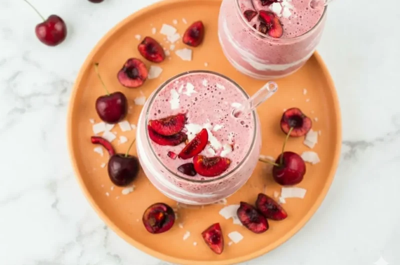 A hero shot of a Cherry Cottage Cheese Smoothie in a stemless glass. The smoothie is a vibrant magenta pink with thick white yogurt swirls visible through the glass. Topped with three dark red cherry slices and a sprinkle of white shredded coconut. A clear glass straw is inserted. Set on a white marble countertop with soft morning light from the side. A wooden cutting board and a few stray cherries are in the background. High resolution, 4:3 aspect ratio.