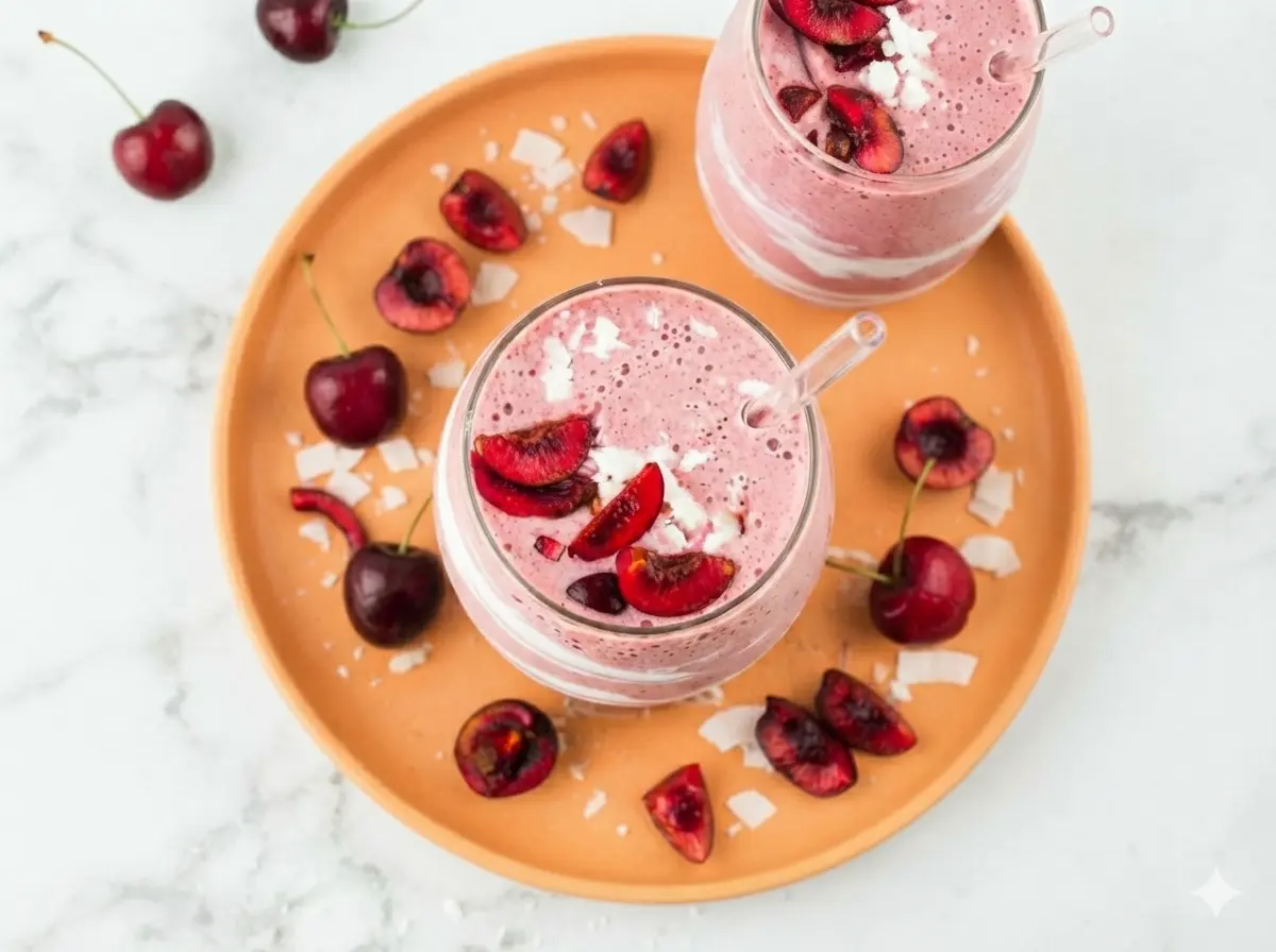 A hero shot of a Cherry Cottage Cheese Smoothie in a stemless glass. The smoothie is a vibrant magenta pink with thick white yogurt swirls visible through the glass. Topped with three dark red cherry slices and a sprinkle of white shredded coconut. A clear glass straw is inserted. Set on a white marble countertop with soft morning light from the side. A wooden cutting board and a few stray cherries are in the background. High resolution, 4:3 aspect ratio.