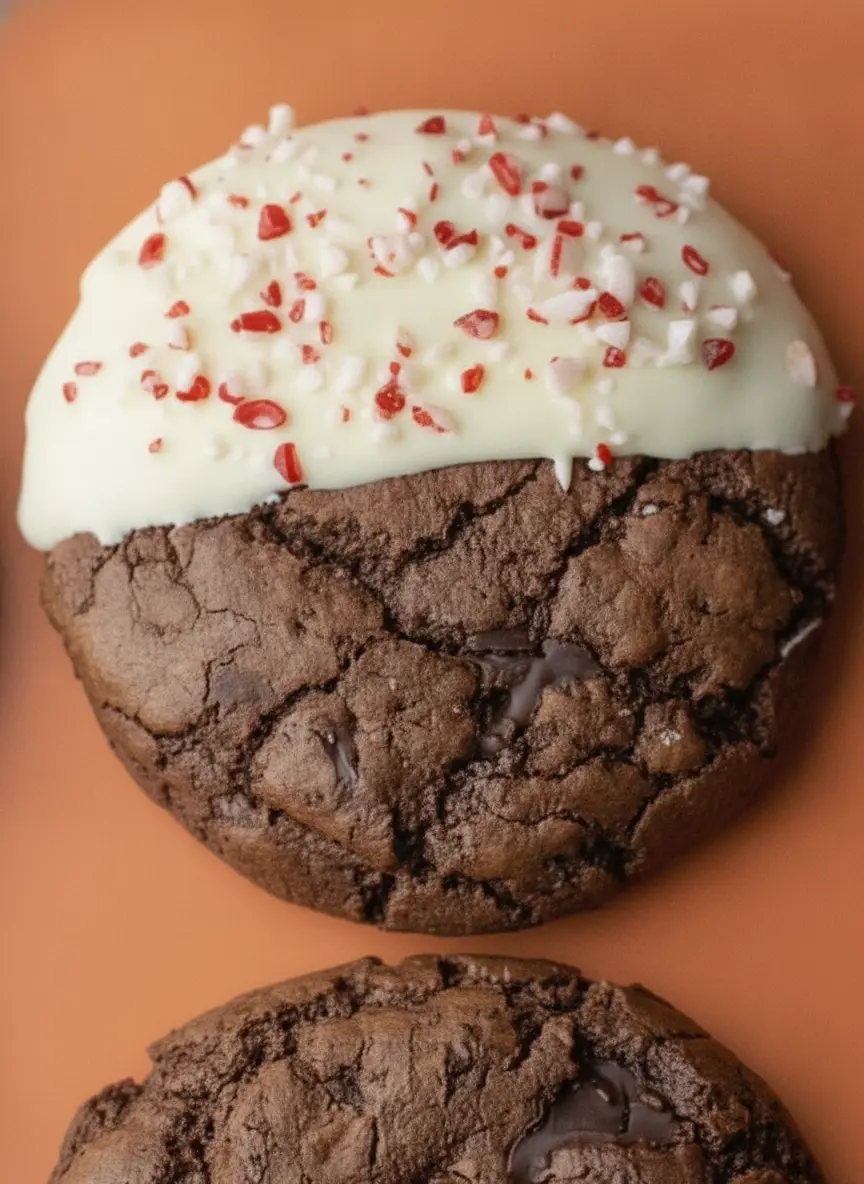 A 3:4 close-up of the ingredients for Chewy Chocolate Peppermint Cookies on a white marble counter. A bowl of dark Dutch-processed cocoa powder, a pile of red and white candy canes, and a bowl of chopped white chocolate are arranged neatly. Warm tones and soft shadows accentuate the textures.