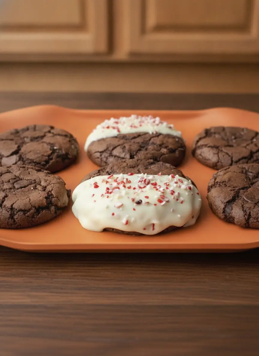 A 3:4 process shot showing several dark chocolate cookies cooling on a wooden cutting board. The cookies have a distinct cracked, fudgy appearance. Next to them is a ceramic bowl filled with melted white chocolate, ready for dipping. Natural light illuminates the clean kitchen setting.