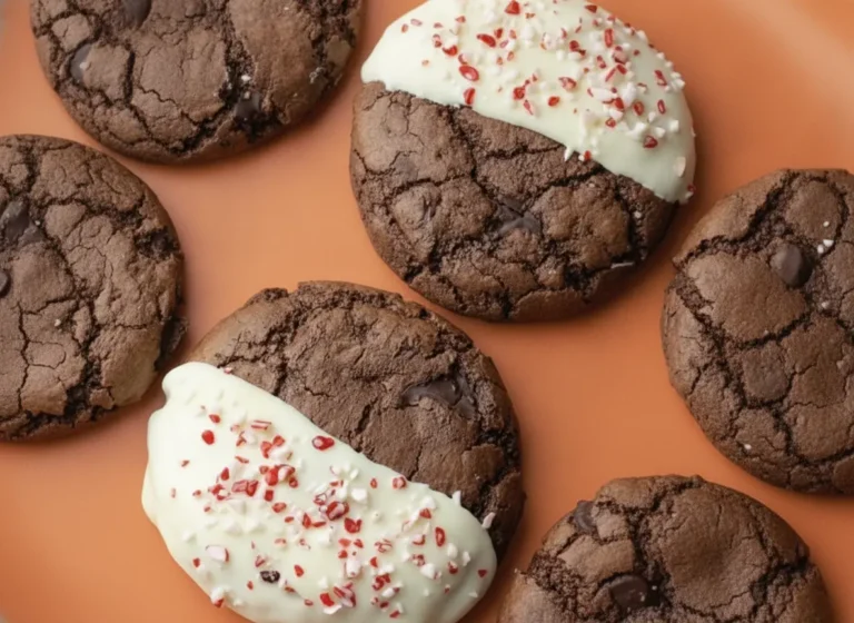 A top-down hero shot of Chewy Chocolate Peppermint Cookies arranged on a white marble countertop. The cookies are dark, fudgy, and have a cracked surface texture. Each cookie is half-dipped in smooth white chocolate and heavily sprinkled with crushed red and white peppermint candy canes. Natural morning light from an east window creates soft shadows. A sprig of fresh mint is visible in the corner on a wooden cutting board. 4:3 aspect ratio.