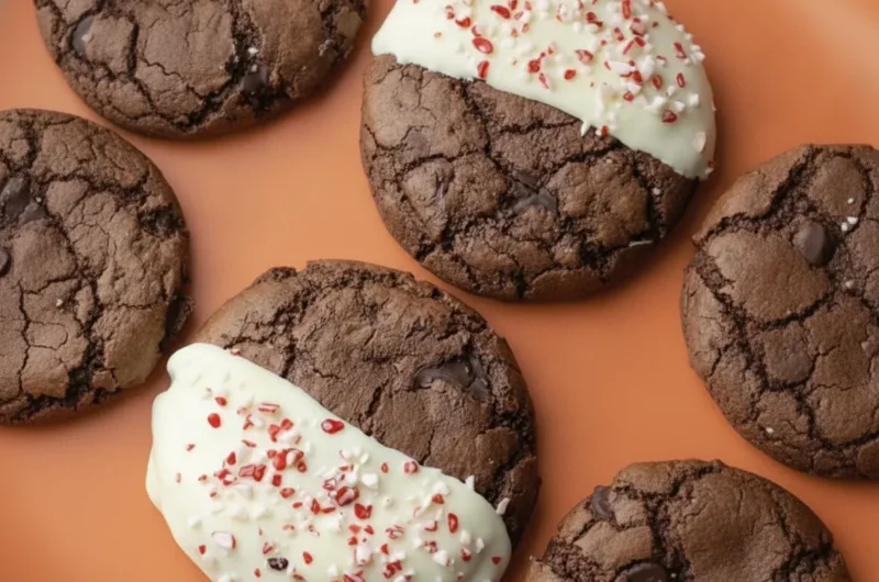 A top-down hero shot of Chewy Chocolate Peppermint Cookies arranged on a white marble countertop. The cookies are dark, fudgy, and have a cracked surface texture. Each cookie is half-dipped in smooth white chocolate and heavily sprinkled with crushed red and white peppermint candy canes. Natural morning light from an east window creates soft shadows. A sprig of fresh mint is visible in the corner on a wooden cutting board. 4:3 aspect ratio.