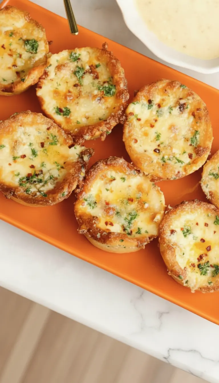 A close-up shot of a dark metal muffin tin sitting on a marble countertop. Several of the cups are lined with golden pizza dough and filled with layered chicken, creamy white alfredo sauce, and a generous pile of shredded mozzarella cheese spilling slightly over the edges. Soft morning light creates a warm ambiance. No hands.