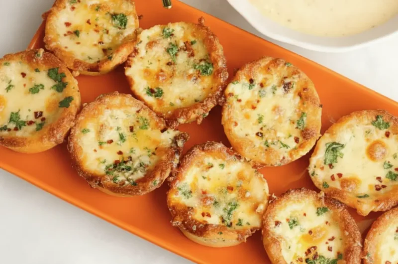 A high-angle, close-up shot of golden-brown cup-shaped pastry puffs filled with bubbling white alfredo sauce, melted mozzarella, chopped parsley, and a pinch of red pepper flakes. The puffs have crispy, caramelized cheese edges and are arranged beautifully on a vibrant orange rectangular serving platter on a marble countertop. In the background, soft morning light streams through an east-facing window, illuminating a white ceramic dipping bowl filled with creamy white alfredo sauce. No hands, no people.