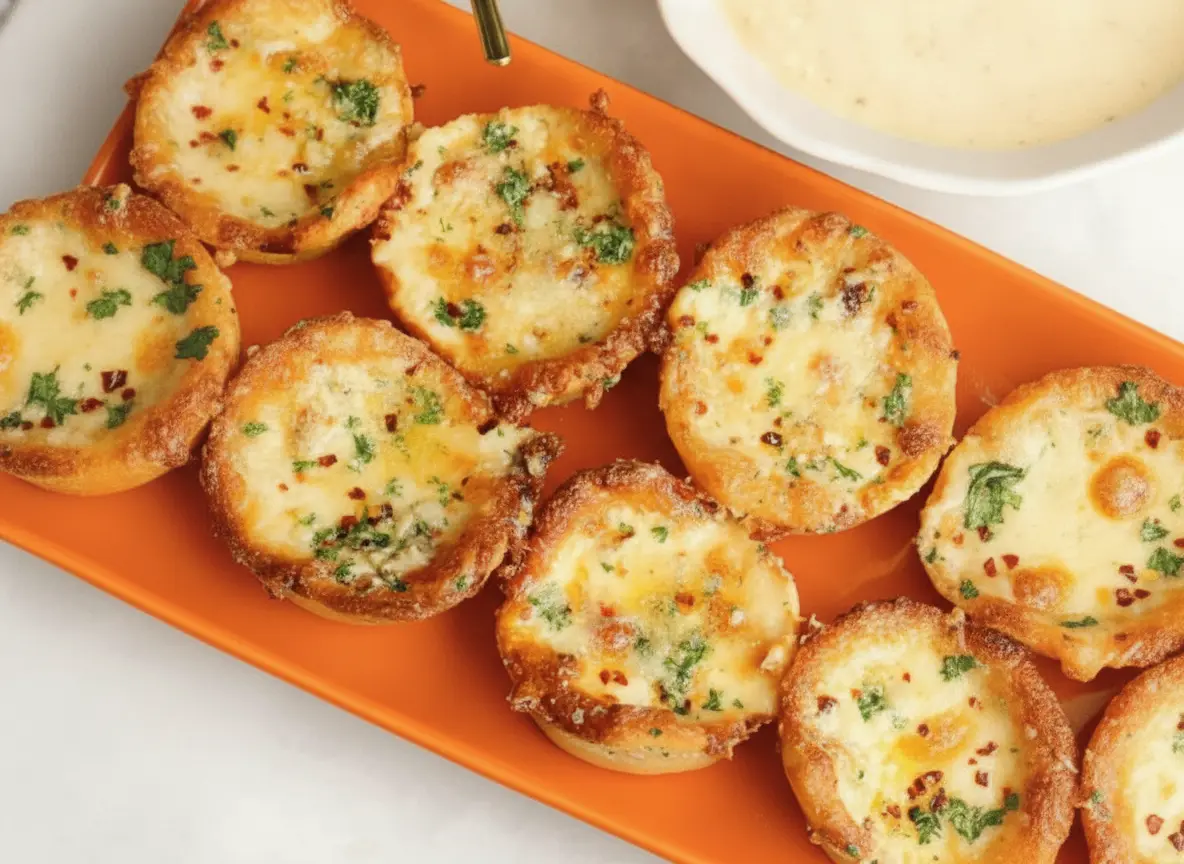 A high-angle, close-up shot of golden-brown cup-shaped pastry puffs filled with bubbling white alfredo sauce, melted mozzarella, chopped parsley, and a pinch of red pepper flakes. The puffs have crispy, caramelized cheese edges and are arranged beautifully on a vibrant orange rectangular serving platter on a marble countertop. In the background, soft morning light streams through an east-facing window, illuminating a white ceramic dipping bowl filled with creamy white alfredo sauce. No hands, no people.