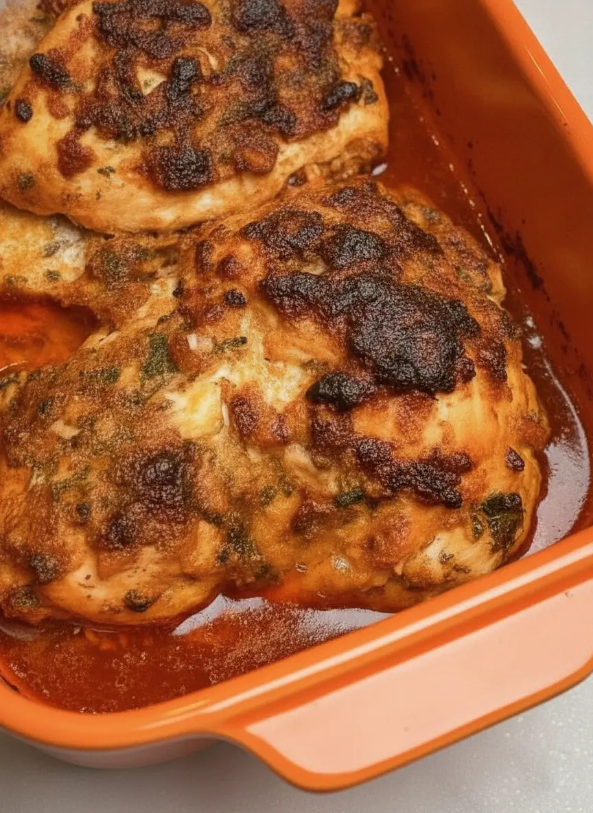 A top-down view of raw, marinated chicken thighs being carefully layered into a metal loaf pan. The chicken is coated in a thick, yellowish-orange yogurt marinade with visible bits of minced garlic and spices. The pan sits on a clean marble surface next to a small wooden bowl of whole spices like cumin seeds and cinnamon sticks.