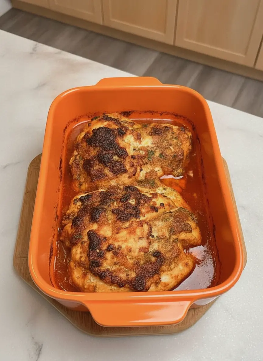 A golden-brown block of roasted chicken just being removed from the oven, still inside the loaf pan. The top surface is beautifully caramelized with dark, crispy edges. The pan is sitting on a cooling rack over a marble counter, with the wooden cutting board waiting nearby in the soft, warm kitchen light.