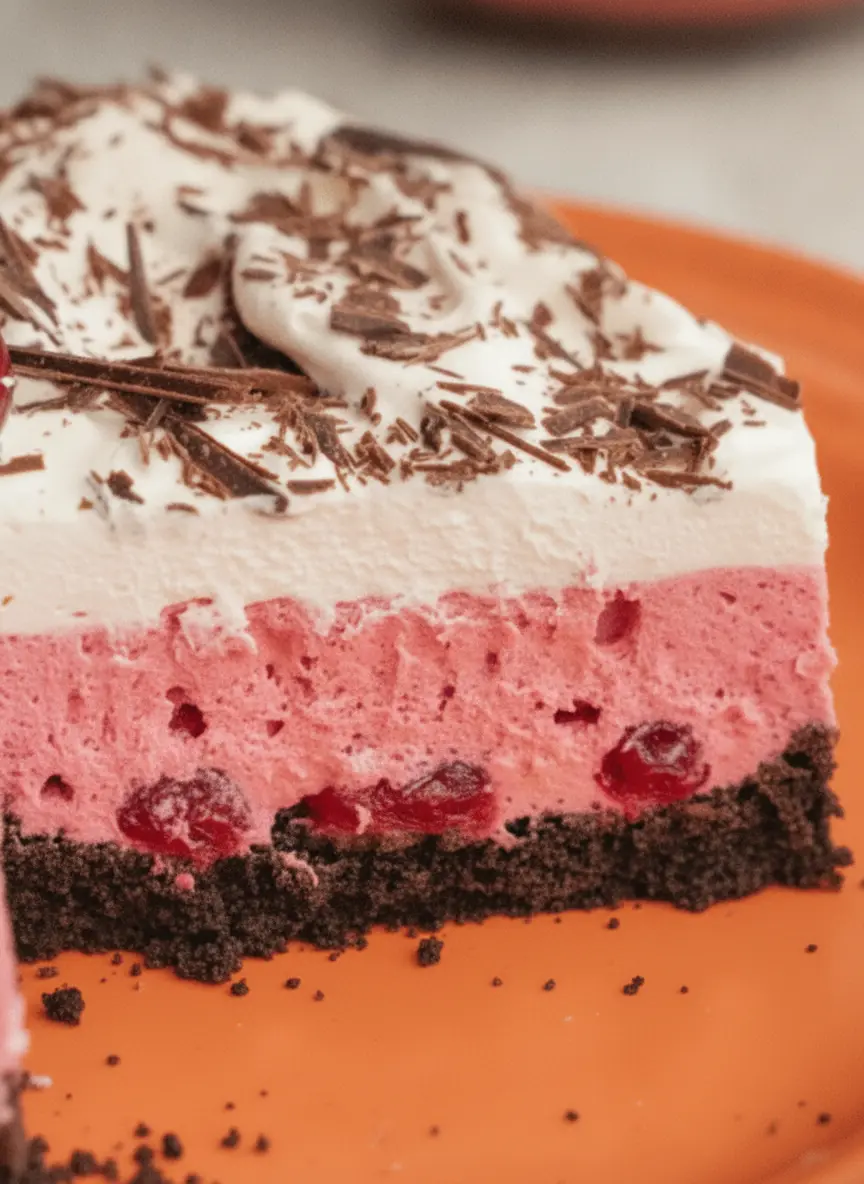 A top-down view of the ingredients for a Chocolate Cranberry Cream Pie on a marble surface. Includes a bowl of bright red fresh cranberries, a bowl of dark chocolate cookie crumbs, a block of cream cheese, and a small pitcher of heavy cream next to a wooden cutting board. 3:4 aspect ratio.