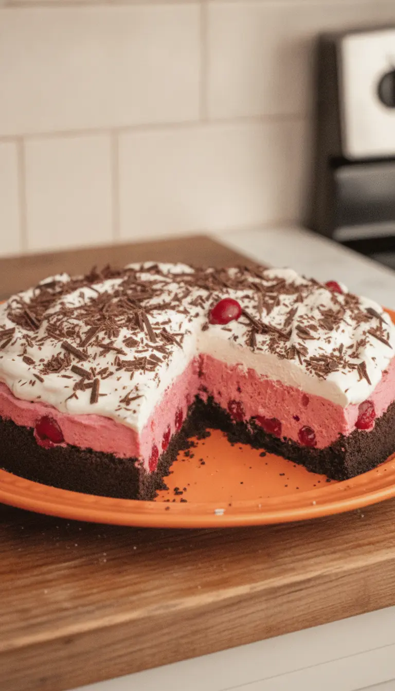 A process shot of the pink cranberry filling being folded into white whipped cream in a large ceramic bowl. The mixture shows beautiful pink and white swirls. The scene is set in a bright kitchen with wood accents and a minimalist aesthetic. 3:4 aspect ratio.