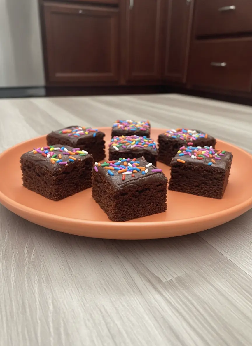 A process shot showing a thick, dark chocolate glaze being spread evenly over a cooled square chocolate cake still in its pan. The texture of the frosting is viscous and glossy. The setting is a clean, bright kitchen with wood accents and no people present.
