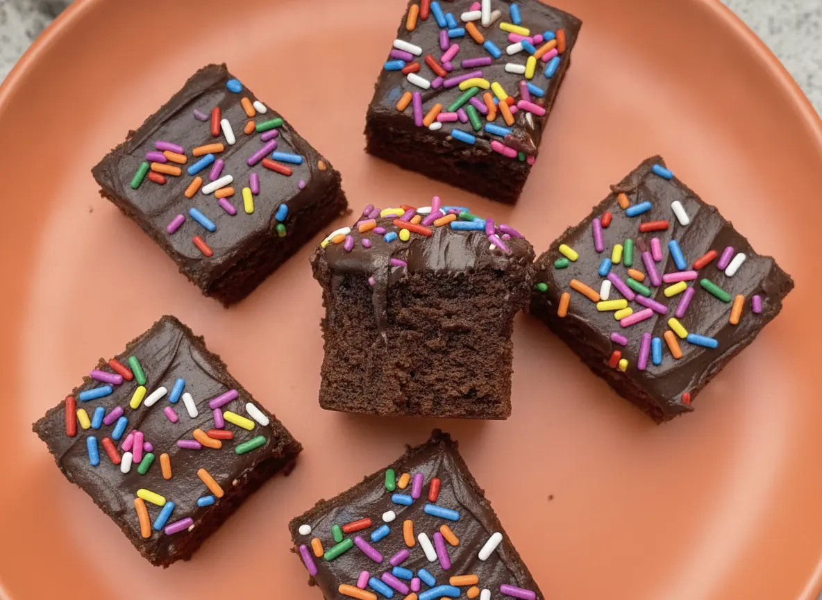 A top-down hero shot of sixteen perfectly square Chocolate Donut-Frosted Cake Bites on a minimalist white ceramic plate. The bites feature a dark, moist crumb topped with a thick, glossy dark chocolate frosting and a dense layer of rainbow cylinder sprinkles. The plate sits on a white marble countertop with a wooden cutting board partially visible. Soft morning light from an east window creates gentle shadows and warm tones.