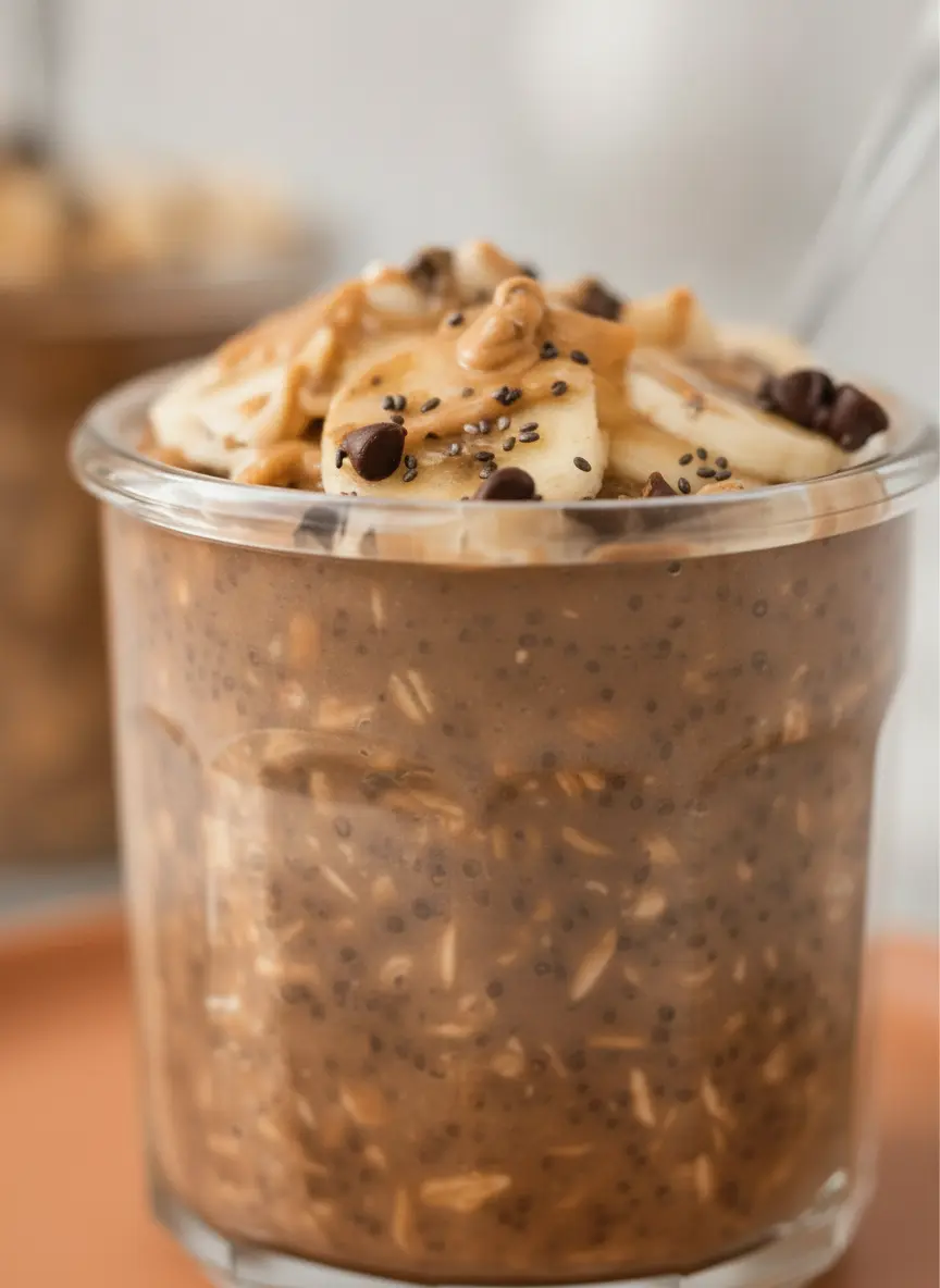 A top-down view of the preparation process on a marble counter. A glass bowl contains dry rolled oats, a pile of dark cocoa powder, and a spoonful of black chia seeds. A wooden spoon rests beside the bowl on a rustic wooden cutting board. Fresh herbs in a small pot are blurred in the soft-focus background. 3:4 aspect ratio.