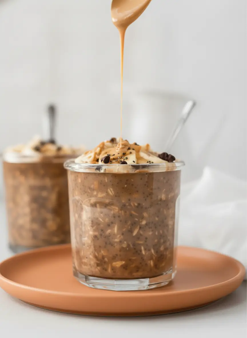 A mid-process shot showing the chocolate oat mixture inside a clear glass jar. The oats are visibly soaking in the dark cocoa milk, with tiny air bubbles and chia seeds dispersed throughout. The jar sits next to a half-peeled, ripe yellow banana on a marble surface with soft, warm shadows. 3:4 aspect ratio.
