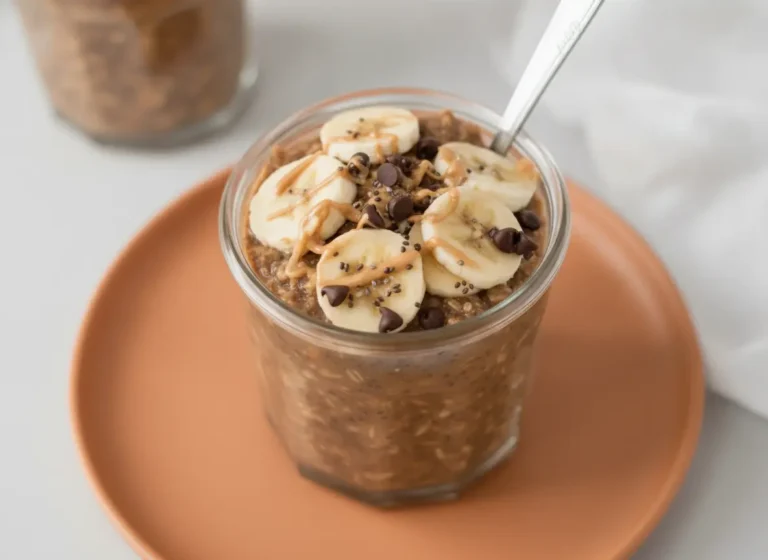 A hero shot of two glass jars filled with dark Chocolate Peanut Butter Banana Overnight Oats sitting on a white marble countertop. The jars are topped with fresh circular banana slices, a scattering of tiny black chia seeds, and mini dark chocolate chips. A thick, golden stream of creamy peanut butter is being drizzled from a silver spoon onto the top of the oats. In the background, a white linen cloth and a small wooden cutting board are visible under soft, bright morning light from an east-facing window. 4:3 aspect ratio.