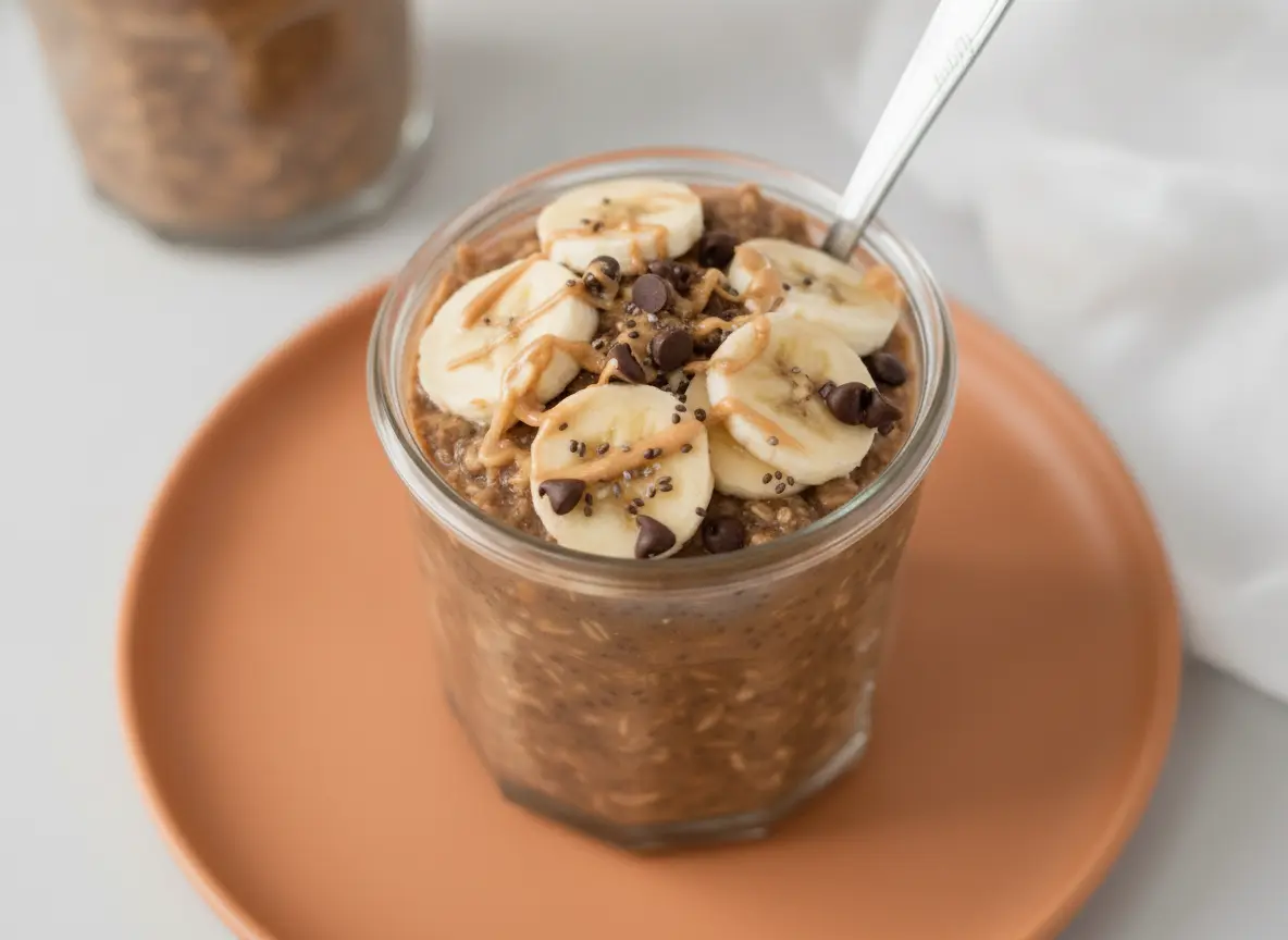 A hero shot of two glass jars filled with dark Chocolate Peanut Butter Banana Overnight Oats sitting on a white marble countertop. The jars are topped with fresh circular banana slices, a scattering of tiny black chia seeds, and mini dark chocolate chips. A thick, golden stream of creamy peanut butter is being drizzled from a silver spoon onto the top of the oats. In the background, a white linen cloth and a small wooden cutting board are visible under soft, bright morning light from an east-facing window. 4:3 aspect ratio.