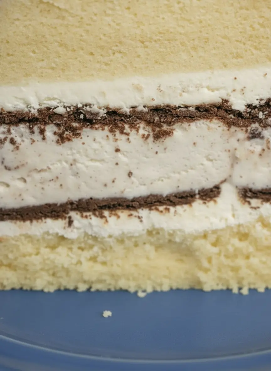 A top-down view of the prep process on a wooden cutting board. Two rectangular layers of golden yellow sponge cake sit next to a bowl of coarsely crushed dark chocolate sandwich cookies. A small ceramic bowl of fresh white whipped cream is nearby. The scene is bright with natural light from an east-facing window, highlighting the crumb texture of the cake and the matte finish of the cookie pieces.