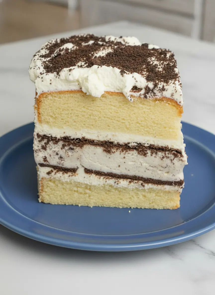 An action shot of the assembly process. A 9x5 inch metal loaf pan is lined with clear plastic wrap. Inside the pan, a thick layer of white cookies and cream ice cream is being smoothed over a yellow cake base with a small offset spatula. The marble countertop is visible underneath, with soft shadows and a clean, tidy presentation. No hands are visible, just the tool resting against the cream.