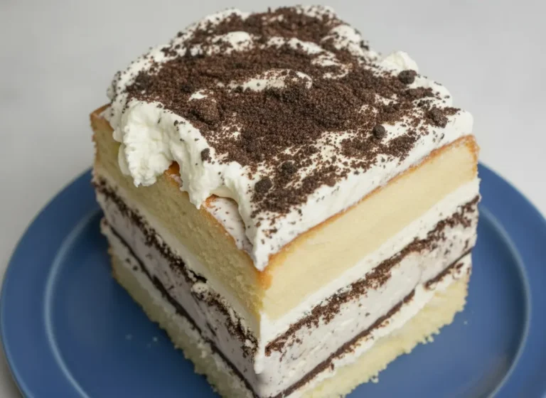 A hero shot of a single tall slice of Cookies and Cream Ice Cream Cake standing upright on a minimalist white ceramic plate. The slice clearly shows the layers: a bottom yellow cake layer, a thick middle layer of white ice cream studded with dark chocolate cookie chunks, and a top yellow cake layer. The entire cake is topped with thick, fluffy white whipped cream and a heavy dusting of dark chocolate cookie crumbs. The plate sits on a white marble countertop in soft, warm morning light, with a wooden cutting board and a small sprig of fresh mint visible in the soft-focus background.