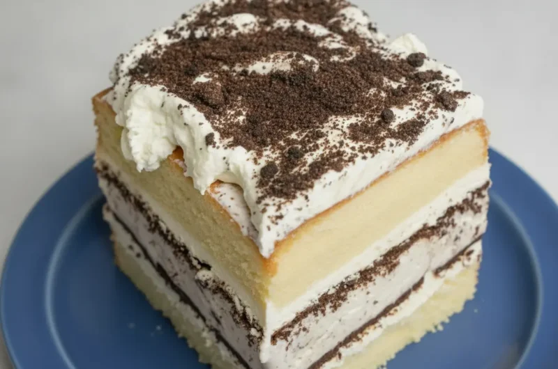 A hero shot of a single tall slice of Cookies and Cream Ice Cream Cake standing upright on a minimalist white ceramic plate. The slice clearly shows the layers: a bottom yellow cake layer, a thick middle layer of white ice cream studded with dark chocolate cookie chunks, and a top yellow cake layer. The entire cake is topped with thick, fluffy white whipped cream and a heavy dusting of dark chocolate cookie crumbs. The plate sits on a white marble countertop in soft, warm morning light, with a wooden cutting board and a small sprig of fresh mint visible in the soft-focus background.