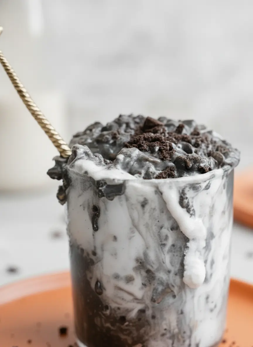 A marble countertop scene featuring rolled oats in a ceramic bowl, a small dish of dark black cocoa powder, a bottle of milk, and a plate of chocolate sandwich cookies. Clean, minimalist aesthetic with soft morning light from a window.