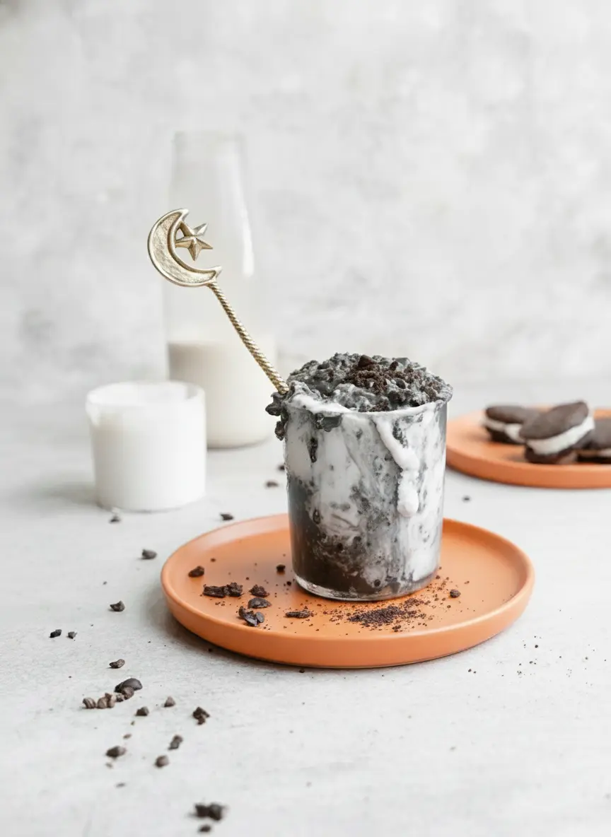 A close-up process shot of a glass jar being filled with alternating spoonfuls of dark black cocoa oat mixture and white creamy oats. A small marble effect is visible as the colors meet. No hands or people in the frame.