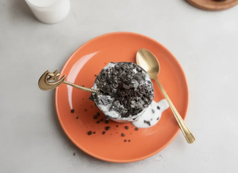 A glass jar of Cookies & Cream Overnight Oats with dramatic black cocoa swirls and white creamy oat layers, topped with crushed cookie bits. A decorative gold crescent moon and star spoon is tucked into the jar. The jar sits on a round wooden tray on a marble countertop in bright morning light. Minimalist white background with soft shadows.