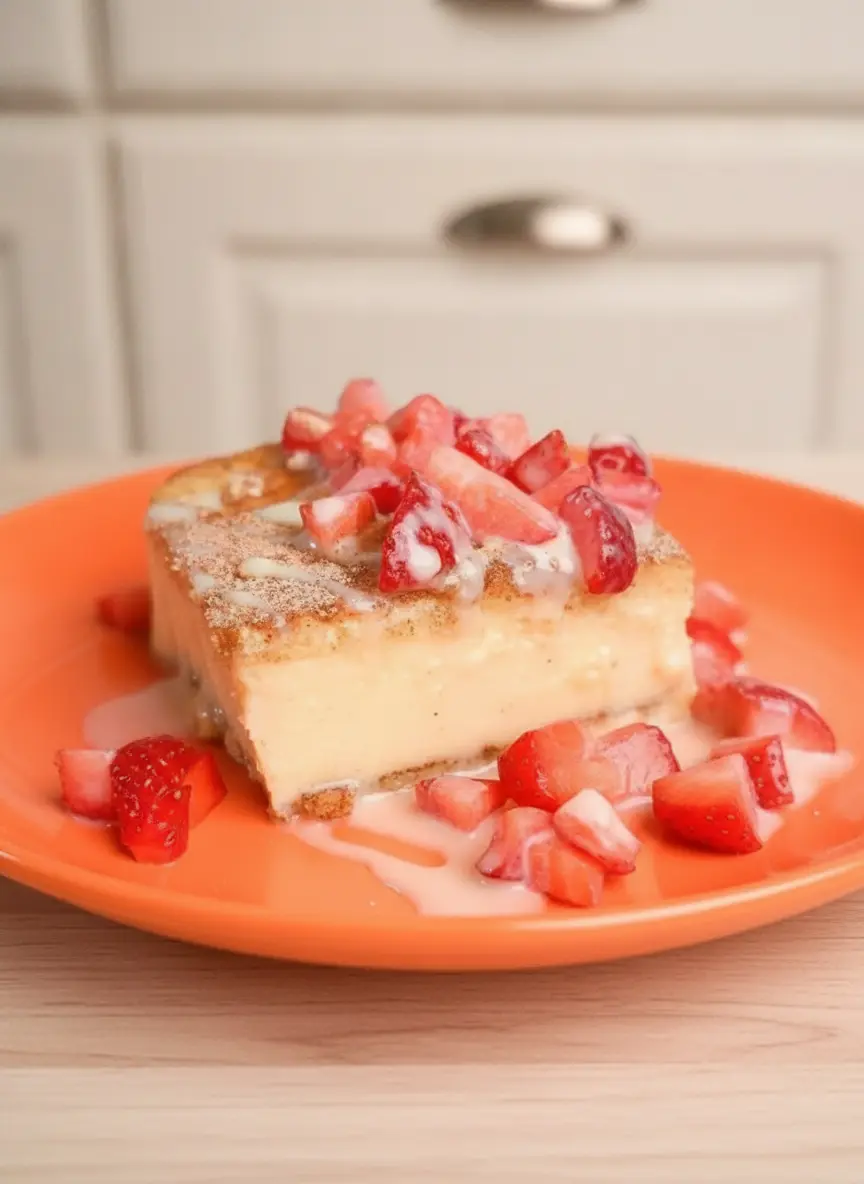 The baking process captured midway, showing a rustic 9x13 baking dish resting on a wooden trivet on a marble surface. The top layer of golden-brown pastry crust is visibly puffed, crackling with caramelized cinnamon sugar. Tiny wisps of steam rise from the edges. Soft, warm shadows accentuating the textured, sugary surface of the bake.