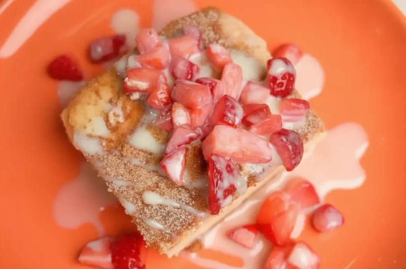A gourmet square slice of churro cheesecake, featuring a prominent, dense creamy white cheesecake filling layered between two golden-brown, flaky pastry crusts heavily dusted with sparkling cinnamon sugar. The top is loaded with a neat pile of vibrant, finely diced fresh red strawberries, with a thick, glossy white drizzle of sweetened condensed milk cascading down the sides of the slice. Shot on a minimalist white ceramic plate sitting on a bright marble countertop next to a dark wood cutting board. Soft, natural morning light coming from the side creates elegant, gentle shadows. Clean, tidy food styling with no people or hands.