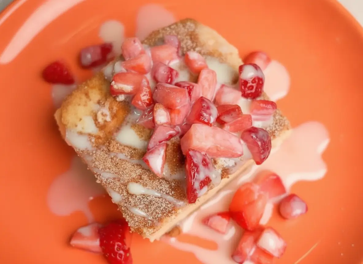 A gourmet square slice of churro cheesecake, featuring a prominent, dense creamy white cheesecake filling layered between two golden-brown, flaky pastry crusts heavily dusted with sparkling cinnamon sugar. The top is loaded with a neat pile of vibrant, finely diced fresh red strawberries, with a thick, glossy white drizzle of sweetened condensed milk cascading down the sides of the slice. Shot on a minimalist white ceramic plate sitting on a bright marble countertop next to a dark wood cutting board. Soft, natural morning light coming from the side creates elegant, gentle shadows. Clean, tidy food styling with no people or hands.
