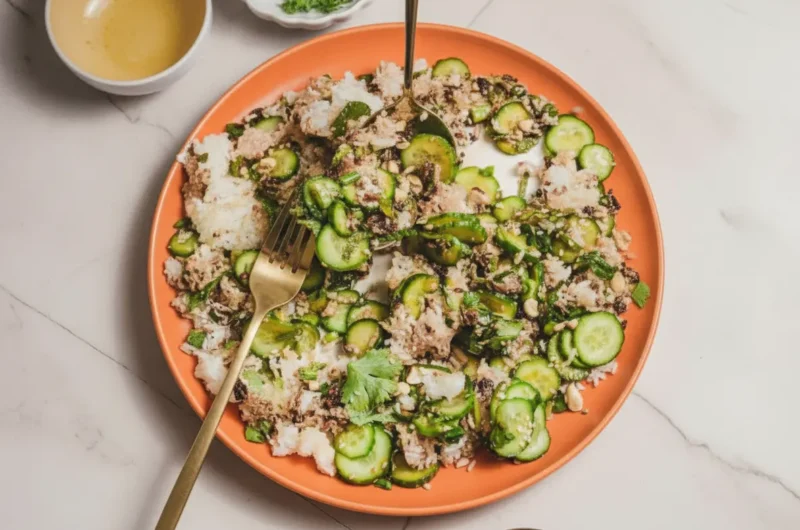 A hero shot of a Cucumber Crispy Rice Salad on a minimalist white ceramic plate, featuring jagged golden-brown charred rice clusters and thin green cucumber rounds. The salad is garnished with fresh cilantro and toasted sesame seeds. Two elegant gold spoons are resting in the salad. The scene is set on a white marble countertop with soft morning light and gentle shadows from an east window. Fresh herbs are visible in a small white bowl in the background.