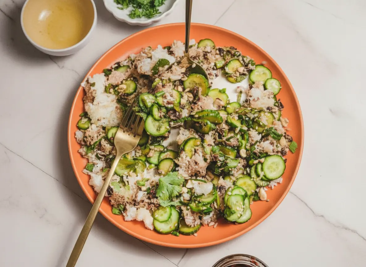 A hero shot of a Cucumber Crispy Rice Salad on a minimalist white ceramic plate, featuring jagged golden-brown charred rice clusters and thin green cucumber rounds. The salad is garnished with fresh cilantro and toasted sesame seeds. Two elegant gold spoons are resting in the salad. The scene is set on a white marble countertop with soft morning light and gentle shadows from an east window. Fresh herbs are visible in a small white bowl in the background.