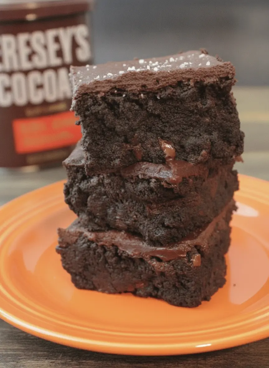 A process shot of the thick, dark brownie batter being smoothed into a square baking pan lined with parchment paper. The batter is glossy and deep brown, showing the promise of a fudgy texture. The pan sits on a marble surface with a sprig of fresh rosemary in a small jar in the background. The lighting is warm and clean, emphasizing the richness of the chocolate mixture.