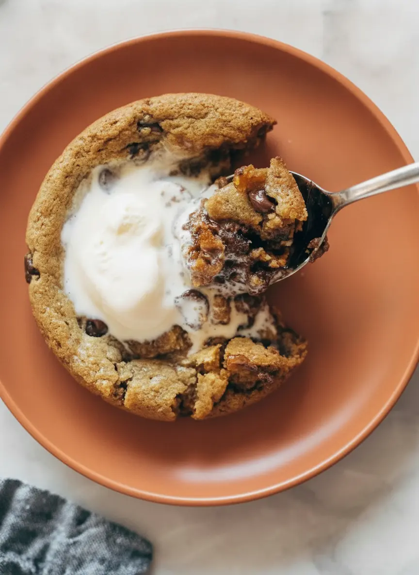 A 3:4 shot focusing on the preparation of Deep Dish Cookie Bowls for Two. A small white ceramic bowl contains creamed butter and brown sugar, sitting on a wooden cutting board. Next to it are a small glass of vanilla extract, a single egg yolk in a white saucer, and a pile of high-quality chocolate chips. The marble countertop provides a clean, bright background with soft morning light.