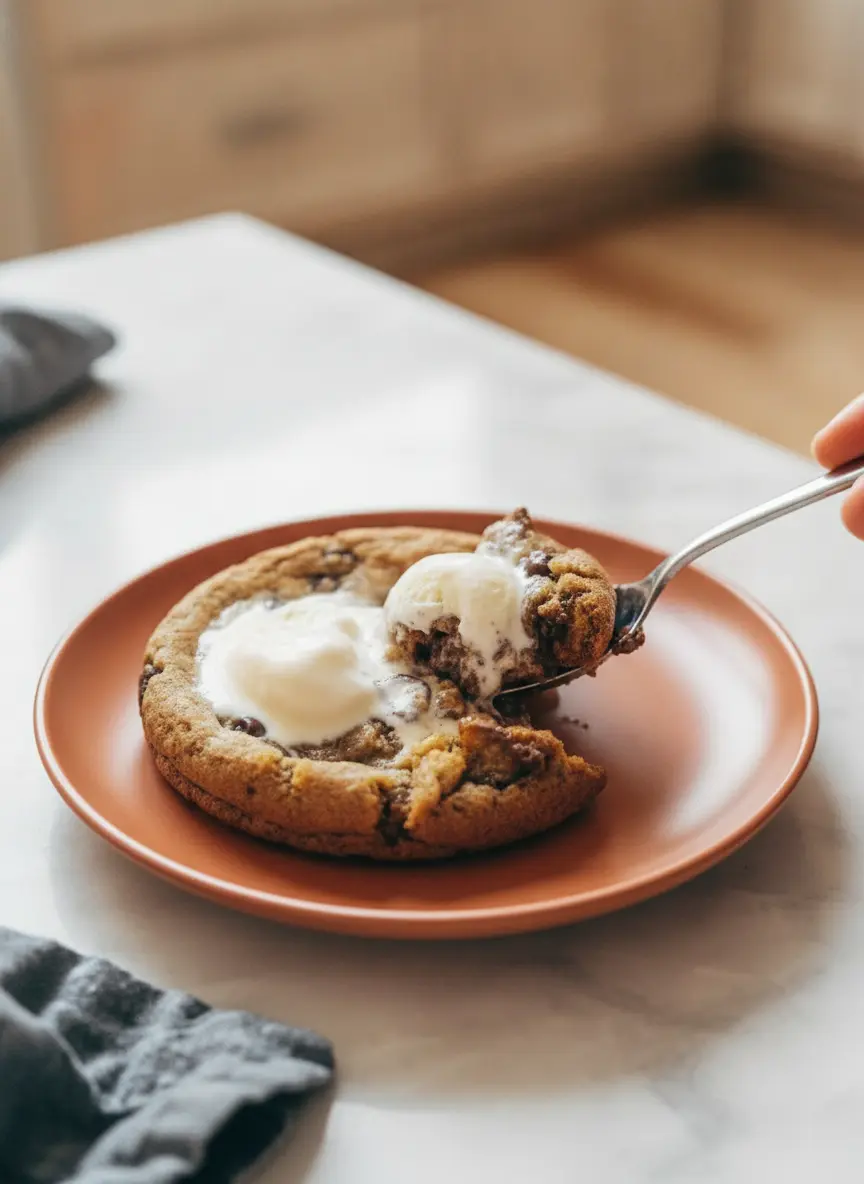 A 3:4 technique-focused shot showing the Deep Dish Cookie Bowls for Two inside the oven (viewed through the open door, no hands). The two white ramekins are on a metal rack, with the cookie dough just starting to puff and turn golden around the edges. The warm glow of the oven light highlights the texture of the melting chocolate chips.