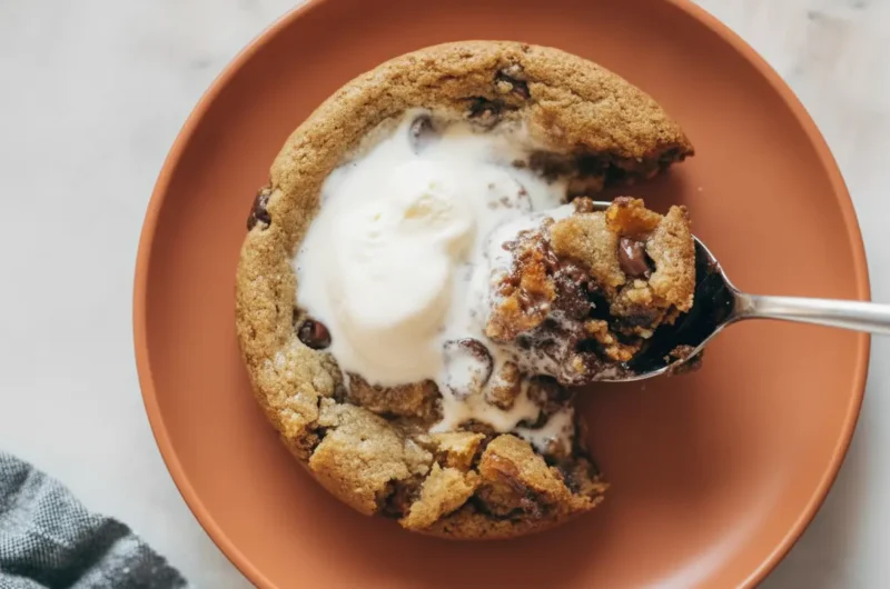 A high-angle 4:3 hero shot of two Deep Dish Cookie Bowls for Two in white ceramic ramekins. The cookies are golden brown with crispy edges and visible melted chocolate chips. One bowl has a large scoop of melting vanilla ice cream on top. The ramekins sit on a white marble countertop with a weathered wooden cutting board nearby. Soft morning light streams in from an east window, creating warm tones and gentle shadows. Fresh mint is visible in a small jar in the blurred background.