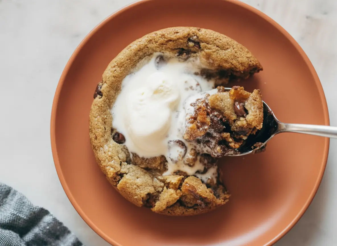 A high-angle 4:3 hero shot of two Deep Dish Cookie Bowls for Two in white ceramic ramekins. The cookies are golden brown with crispy edges and visible melted chocolate chips. One bowl has a large scoop of melting vanilla ice cream on top. The ramekins sit on a white marble countertop with a weathered wooden cutting board nearby. Soft morning light streams in from an east window, creating warm tones and gentle shadows. Fresh mint is visible in a small jar in the blurred background.