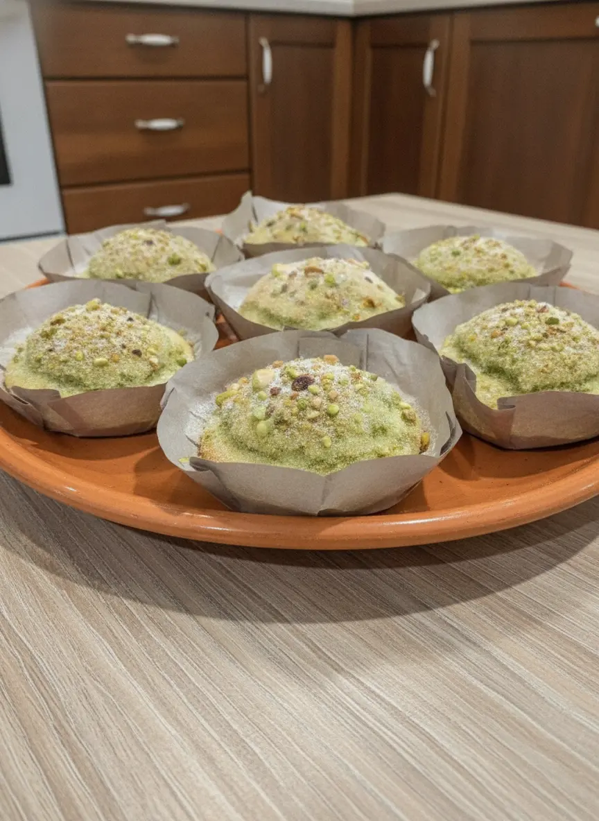 A close-up shot of thick, light green pistachio muffin batter being spooned into muffin tins lined with rustic brown parchment paper cups. The textured batter shows flecks of ground pistachios. Set on a marble kitchen counter next to a wooden spoon, with clean presentation under soft side lighting.