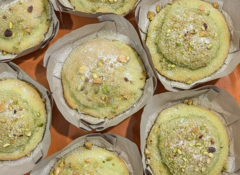 A beautiful close-up, high-angle shot of a platter of freshly baked pistachio muffins in rustic parchment paper cups, arranged on a warm terracotta dish. The muffins have high, domed bakery-style tops with a pale golden-green hue, a textured dusting of granulated sugar, and scattered chopped bright green pistachios. The scene is set on a white marble countertop with natural morning light coming from the side, casting soft, warm shadows.