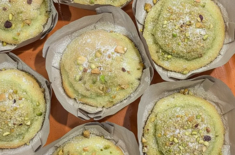 A beautiful close-up, high-angle shot of a platter of freshly baked pistachio muffins in rustic parchment paper cups, arranged on a warm terracotta dish. The muffins have high, domed bakery-style tops with a pale golden-green hue, a textured dusting of granulated sugar, and scattered chopped bright green pistachios. The scene is set on a white marble countertop with natural morning light coming from the side, casting soft, warm shadows.