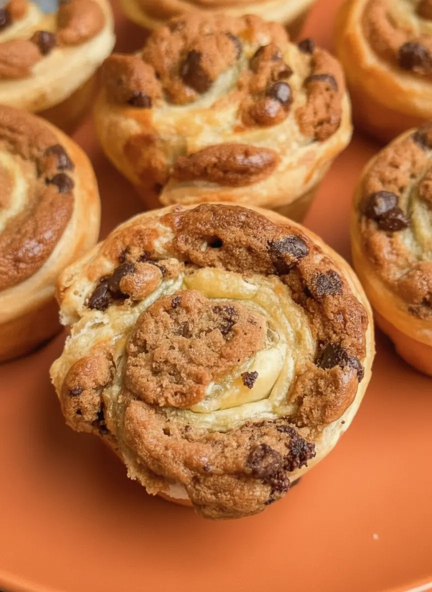A sheet of raw puff pastry spread out on a floured marble countertop next to a wooden cutting board. A bowl of chocolate chip cookie dough and a wooden spoon are nearby. The scene is bright with clean, warm tones and soft shadows. 3:4 aspect ratio.