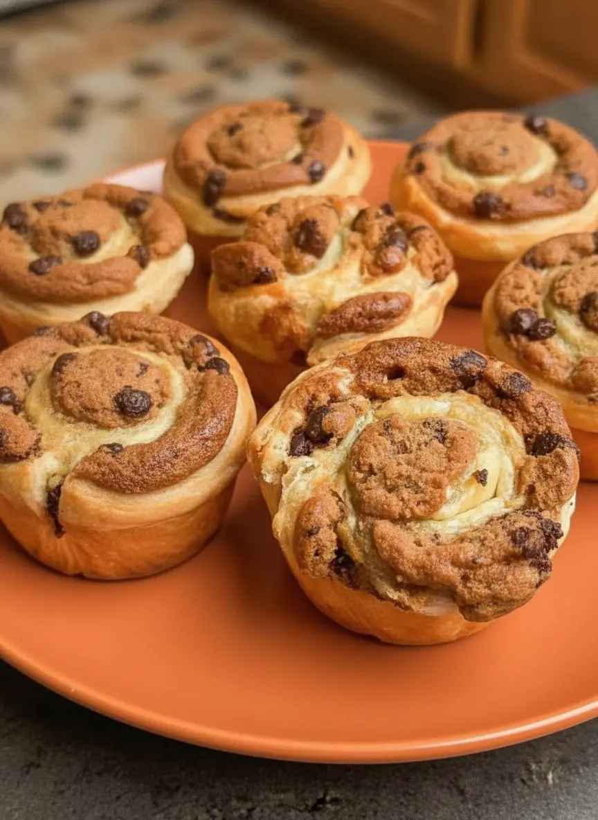 The process of slicing a rolled log of puff pastry and cookie dough into individual rounds on a signature wooden cutting board. The inner swirls of dough and pastry are clearly visible. No hands are present. 3:4 aspect ratio.