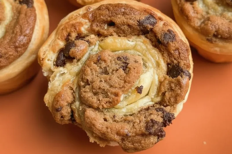 A hero shot of several Cookie Puff Pastry rolls on a minimalist white ceramic plate. The pastries are golden brown with distinct flaky swirls and dark chocolate chips peeking out from the pebbly cookie dough texture on top. The plate sits on a marble countertop with soft morning sunlight streaming in from an east window. A small wooden cutting board and a tiny glass bowl of fresh herbs are softly blurred in the background. 4:3 aspect ratio.