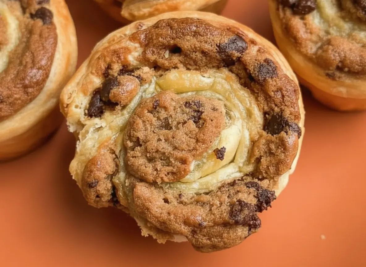 A hero shot of several Cookie Puff Pastry rolls on a minimalist white ceramic plate. The pastries are golden brown with distinct flaky swirls and dark chocolate chips peeking out from the pebbly cookie dough texture on top. The plate sits on a marble countertop with soft morning sunlight streaming in from an east window. A small wooden cutting board and a tiny glass bowl of fresh herbs are softly blurred in the background. 4:3 aspect ratio.