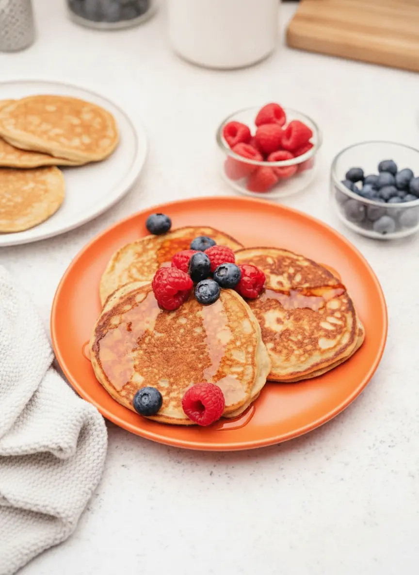 A technique focus shot showing two Cottage Cheese Pancakes cooking on a matte black griddle. The pancakes are a vibrant golden-yellow with small bubbles appearing on the surface. The background shows a clean kitchen with fresh herbs in a small pot and soft, warm morning light hitting the marble surface.