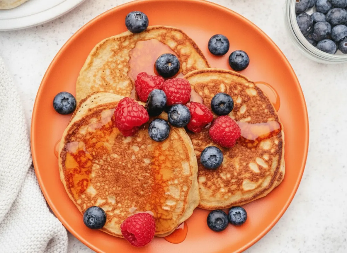 A hero shot of three fluffy Cottage Cheese Pancakes stacked on a minimalist white ceramic plate. The pancakes are golden-brown with slightly uneven, rustic edges. A generous pile of fresh red raspberries and dark blue blueberries sits on top, with amber maple syrup drizzled over the fruit and pooling slightly on the plate. The scene is set on a white marble countertop with soft morning light coming from the side, creating gentle shadows. A wooden cutting board is partially visible in the corner.