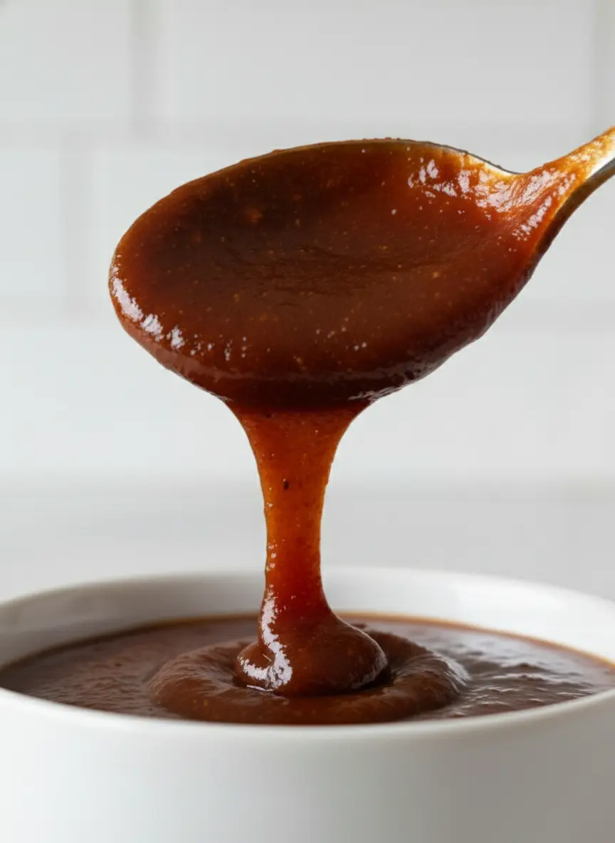 A top-down prep shot on a white marble countertop. Several dark red cubes of guava paste are arranged on the signature wooden cutting board. Nearby, a small white ceramic bowl contains apple cider vinegar, and a small wooden spoon holds a dusting of smoked paprika. Fresh herbs are visible in the soft-focus background with natural morning light, 3:4 ratio.