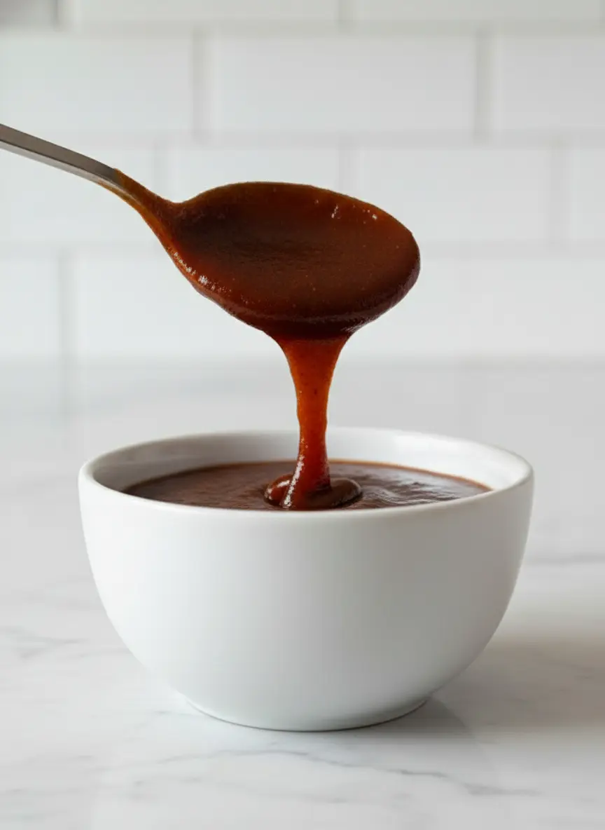 A process shot of a white ceramic saucepan on a stove. Inside, the dark reddish-brown sauce is simmering, showing small bubbles at the edges. A wooden spoon is resting against the side of the pot. The scene is bright with soft natural light and minimal kitchen clutter, emphasizing the smooth and glossy texture of the sauce, 3:4 ratio.