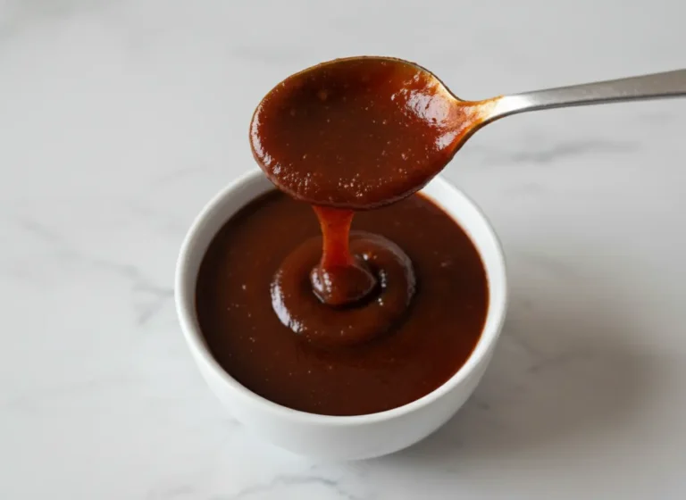 A hero shot of a glass jar filled with thick, dark reddish-brown Easy Guava BBQ Sauce. A rustic wooden spoon is held vertically above the jar, with a thick trail of glossy sauce dripping back into the vessel. Three small, perfectly cut square cubes of ruby-red guava paste are stacked beside the jar. Everything sits on a worn wooden cutting board placed on a white marble countertop. The background features white wood paneling with soft morning light and blurred fresh green herbs. Soft shadows and warm tones, clean and tidy presentation, 4:3 ratio.